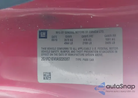 2010 Chevrolet Camaro 2Lt z USA, uszkodzony, nr VIN 2G1FC1EV0A9226387